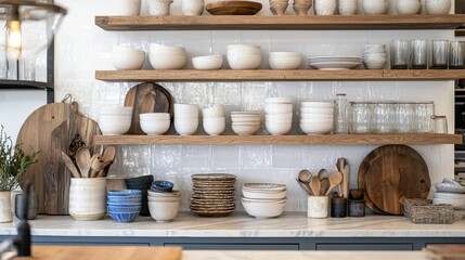 Poster - Neutral Home Decor with Ceramic Bowls Glasses and Wooden Kitchenware Displayed on Shelves in Bright Interior