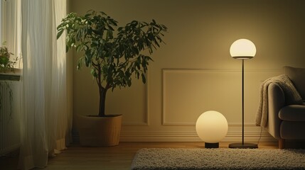 Poster - Cozy Living Room Scene with Warm Lighting and Plant Creates Calm Atmosphere in Home Interior Design