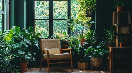 Poster - Interior Oasis Tranquil Home Decor featuring Lush Green Plants Relaxing Chair Near Window Inviting Calm Atmosphere