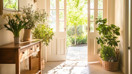Aufkleber - Inviting sunlit foyer with open doors leading to a lush garden view home decor and potted flora