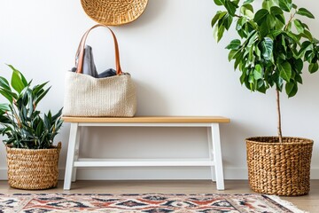 Poster - Woven Handbag on a Bench by Plants and Wicker Decoration in a Bright Home Interior Photography