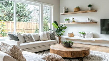 Aufkleber - Bright and airy living room with round wooden table shelves and cozy couch in modern home interior