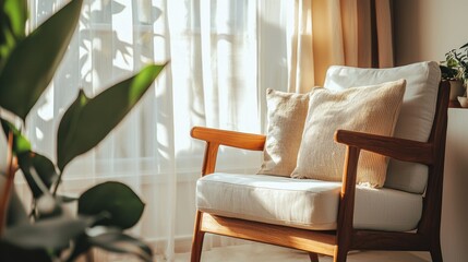 Aufkleber - Cozy linen armchair in a bright room with daylight and plants in soft focus evoking peaceful and serene atmosphere
