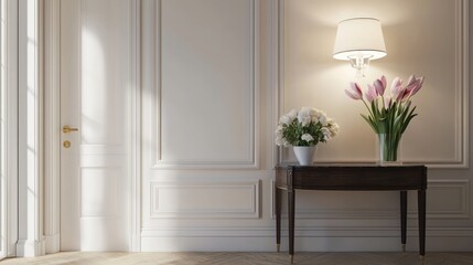 Poster - Elegant interior featuring white paneling table lamps pink tulips and white roses in a vase serene light filled room
