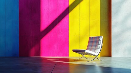 Aufkleber - Modern design in a spacious room with colorful walls white barcelona chair and sun light creative scene