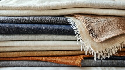 Aufkleber - Stacked natural textiles various weaves and earthy hues showing unique fabrics folded together with neutral tones