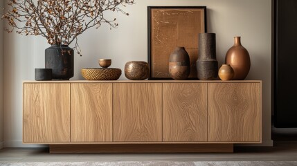Poster - Elegant Home Interior Setting Featuring Contemporary Wooden Cabinet with Decorative Vases and Rustic Artwork
