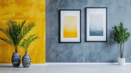 Aufkleber - Interior design with colorful walls abstract art hanging on the wall and stylish pots with plant