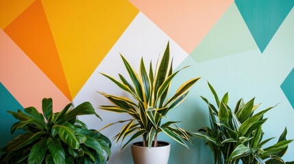Poster - Trio of plants with vibrant colorful geometric patterns showcasing modern aesthetic home interior flora