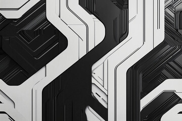 Poster - Circuit Board Abstraction: An abstract view of a circuit board, where black and white pathways intertwine, creating a mesmerizing display.