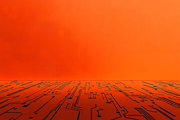 Poster - Circuit Board Horizon: A stylized circuit board stretches into the distance, its intricate pathways leading towards a blank, orange horizon. This image invites contemplation on technology, data.