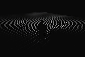 Poster - Solitary Figure in Monochrome: A lone figure silhouetted against an abstract landscape of textured lines, evoking a sense of mystery and introspection in a world of contrasts. 