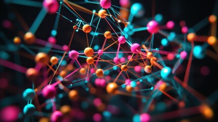 Aufkleber - Abstract close-up of a vibrant network structure featu interconnected nodes in pink, orange, and teal colors set against a dark background backdrop