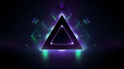 Fototapete - A sleek, minimalistic dark background with glowing geometric triangles, green and purple podium design for web technology banners.