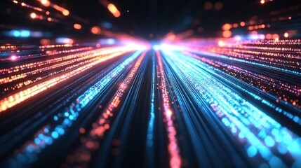 Poster - abstract digital art creating vibrant blue and orange light streaks converging towards a luminous ce