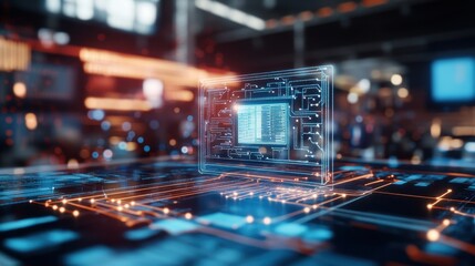 Poster - Digital Rende of Transparent Circuit Board On Glowing Interconnected Network of Circuits Against Blurred Industrial Backdrop for Conceptual Design