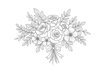 Poster - Floral bouquet illustration with roses, daisies, leaves and a ribbon on a black background design 100