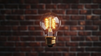 Poster - Vintage glowing Edison light bulb with a visible filament illuminated against a softly blurred brick wall background creating a nostaic atmosphere