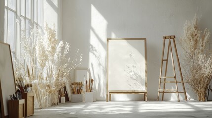 Poster - Bright studio space with easel and art supplies showcasing light and shadow in minimalist style setting creative mood