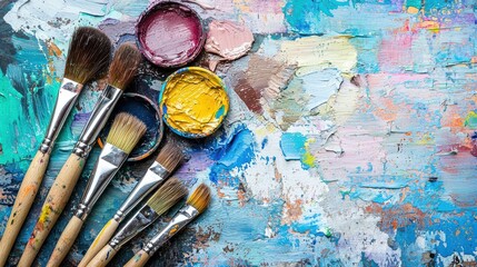 Poster - Colorful Palette with Brushes and Paint Cans Inspiring Creativity in Artful Composition and Vivid Texture
