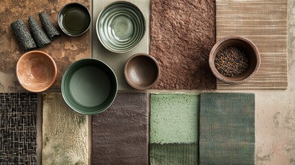 Poster - Harmonious composition of earthy colored bowls textured tiles and fabric evoking a tranquil minimalist aesthetic