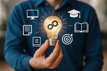 Poster - Illuminating Ideas: A person cradles a glowing lightbulb, surrounded by icons of innovation and learning, symbolizing the power of knowledge and creative thought.