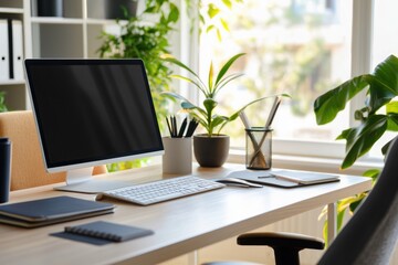 Poster - Modern home office setup showcasing a desktop computer keyboard and lush green plants on a wooden desk