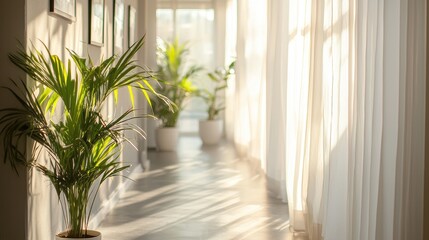 Poster - Indoor ambiance featuring a vibrant areca palm in a hallway bathed in soft sunlight and diffused by sheer curtains