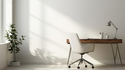 Poster - Bright minimalist home office with wooden desk swivel chair lamp and plant in stylish interior space