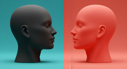 Poster - Abstract Heads Facing Each Other in Teal and Red Colors Depicting Connection and Duality Artificial Intelligence in Studio Setting