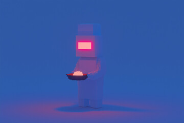 Poster - Abstract Figure and Glowing Dish: A minimalist, abstract figure, possibly a stylized representation of a person, is holding a glowing dish in a scene bathed in a mysterious, low-light ambiance.