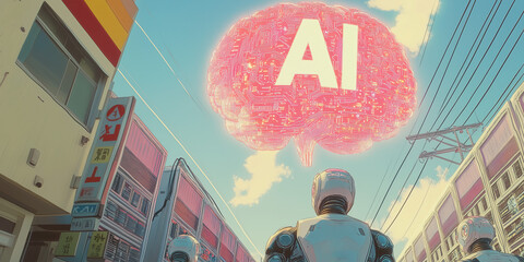 Poster - Future City with AI : Robots navigating a city street beneath an AI brain, envisioning the fusion of technology, urban life, and intellectual advancement.