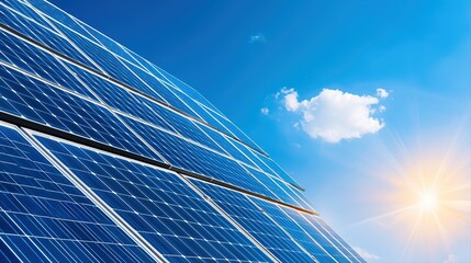 Solar panel array under clear blue sky morning sunlight
