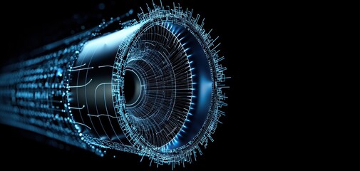 Poster - High-tech CAD blueprint of a futuristic rocket engine displayed on a computer screen, showcasing intricate aerospace engineering and propulsion system design