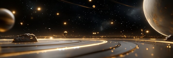 Wall Mural - Celestial landscape featuring planets and rings with glowing particles in a vast universe at night