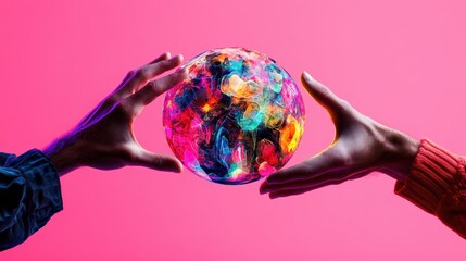 Poster - two hands cradling a vibrant multicolored sphere with soft lights and shadows against a bright pink 