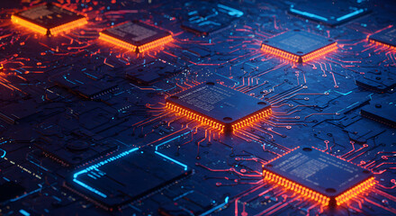 Poster - Illuminated Circuit Board with Microchips and Complex Electronic Components in a Dark Blue and Red Hues