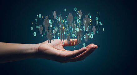 Poster - Palm Holding Pixelated People Silhouettes and Binary Numbers in Blue Gradient Background