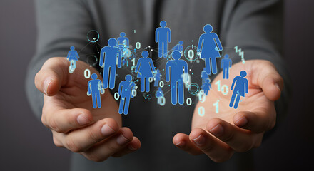 Poster - Person Holding Digital Network of People in the Palm of their Hands on Gray Background