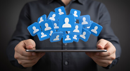 Poster - Person Holding Tablet Displaying Blue Social Media People Icons on Dark Background