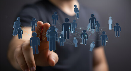 Poster - person's hand touching an abstract network of people with blue silhouettes on dark gray background