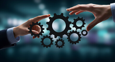 Poster - Two Hands Aligning Gears with Focus on Teamwork and Collaboration in Blue Background