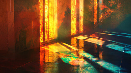 Poster - A serene room bathed in soft light with prismatic shadows dancing through the window creating an atmosphere of calm and tranquility.