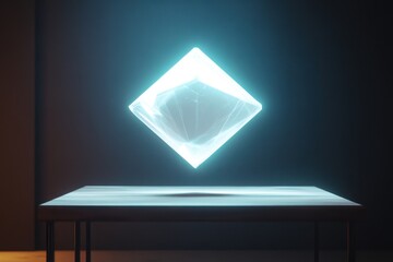 Poster - Floating geometric shape illuminates a modern room during evening hours