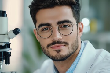 Poster - young man with glasses at laboratory microscope
