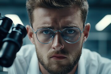 Poster - focused scientist examining samples under microscope