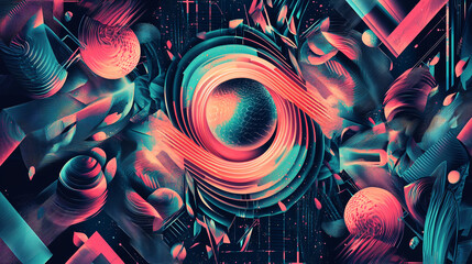 Poster - Vibrant colorful abstract background featuring geometric shapes and swirling forms layered together to create dynamic visual interest.