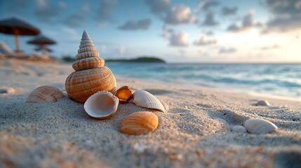 Poster - Seashells on sandy beach at sunset
