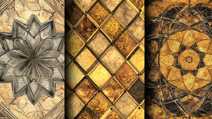 Poster - Beautiful flower design affixed to a wall surrounded by softly layered geometric patterns in warm muted tones creating a unique surface.