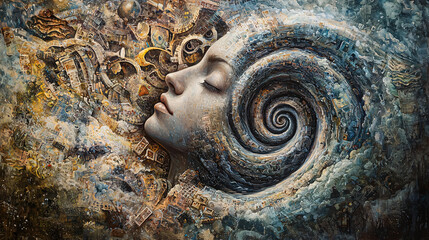 Poster - Captivating portrait of a woman's face embellished with a spiral design representing spirals of thought and lost memories in realistic form.